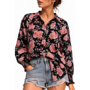 image:imageMANGOPOP Womens Floral Blouses Dressy Casual Button Down Shirts Fall TopsBlack Background Flower