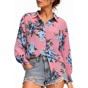 image:imageMANGOPOP Womens Floral Blouses Dressy Casual Button Down Shirts Fall TopsPink Background Flower