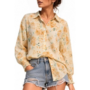 image:imageMANGOPOP Womens Floral Blouses Dressy Casual Button Down Shirts Fall TopsYellow Background Flower