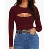 image:imageMANGOPOP Womens Cutout Round Neck Bodysuit Long Sleeve Short Sleeve TopLong Sleeve Burgundy