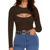 image:imageMANGOPOP Womens Cutout Round Neck Bodysuit Long Sleeve Short Sleeve TopLong Sleeve Coffee