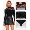image:imageMANGOPOP Womens Sexy Lace Mock Neck Long Sleeve Thong Bodysuits Fall Tops01 Black
