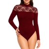 image:imageMANGOPOP Womens Sexy Lace Mock Neck Long Sleeve Thong Bodysuits Fall TopsBurgundy