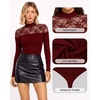 image:imageMANGOPOP Womens Sexy Lace Mock Neck Long Sleeve Thong Bodysuits Fall TopsBurgundy