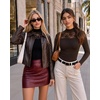 image:imageMANGOPOP Womens Sexy Lace Mock Neck Long Sleeve Thong Bodysuits Fall TopsCoffee