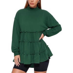 image:imageMANGOPOP Womens Mock Neck Tiered Sweatshirt Dress Long Sleeve Blouse FallGreen