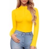image:imageMANGOPOP Womens Long Sleeve Short Sleeve Mock Turtleneck Zip Up Bodysuit04long Sleeve Yellow