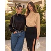image:imageMANGOPOP Womens Satin Mock Turtle Neck Bodysuit Long Sleeve TopApricot