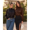 image:imageMANGOPOP Womens Satin Mock Turtle Neck Bodysuit Long Sleeve TopCoffee
