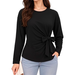 image:imageMANGOPOP Womens Peplum Top Long Sleeve Crew Neck Waist Blouse Casual ShirtBlack