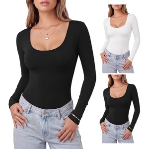 image:imageMANGOPOP Womens Scoop Neck Tops Long Sleeve Slim Fit T Shirt Basic TeeBlack White