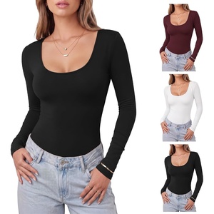 image:imageMANGOPOP Womens Scoop Neck Tops Long Sleeve Slim Fit T Shirt Basic TeeBlack White Burgundy