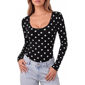 image:imageMANGOPOP Womens Scoop Neck Tops Long Sleeve Slim Fit T Shirt Basic TeeBlack White Polka Dots