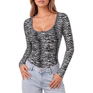 image:imageMANGOPOP Womens Scoop Neck Tops Long Sleeve Slim Fit T Shirt Basic TeeZebra Stripes