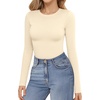 image:imageMANGOPOP Long Sleeve Thong Bodysuits for Women Crew Neck Cotton Body Suits Slim Fit Basic Bodysuit TopsCreamy White