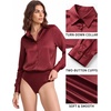 image:imageMANGOPOP Womens Button Down Long Sleeve Bodysuit Collared TopBurgundy