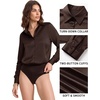 image:imageMANGOPOP Womens Button Down Long Sleeve Bodysuit Collared TopCoffee
