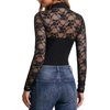 image:imageMANGOPOP Womens Lace Cut Out Mock Neck Long Sleeve Thong Bodysuit Fall Top01 Black