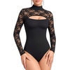 image:imageMANGOPOP Womens Lace Cut Out Mock Neck Long Sleeve Thong Bodysuit Fall Top01 Black