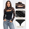 image:imageMANGOPOP Womens Lace Cut Out Mock Neck Long Sleeve Thong Bodysuit Fall Top01 Black