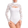 image:imageMANGOPOP Womens Lace Cut Out Mock Neck Long Sleeve Thong Bodysuit Fall Top02 White