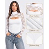 image:imageMANGOPOP Womens Lace Cut Out Mock Neck Long Sleeve Thong Bodysuit Fall Top02 White