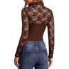 image:imageMANGOPOP Womens Lace Cut Out Mock Neck Long Sleeve Thong Bodysuit Fall TopBrown