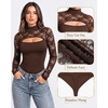 image:imageMANGOPOP Womens Lace Cut Out Mock Neck Long Sleeve Thong Bodysuit Fall TopBrown