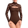 image:imageMANGOPOP Womens Lace Cut Out Mock Neck Long Sleeve Thong Bodysuit Fall TopBrown