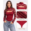 image:imageMANGOPOP Womens Lace Cut Out Mock Neck Long Sleeve Thong Bodysuit Fall TopBurgundy