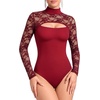 image:imageMANGOPOP Womens Lace Cut Out Mock Neck Long Sleeve Thong Bodysuit Fall TopBurgundy