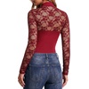 image:imageMANGOPOP Womens Lace Cut Out Mock Neck Long Sleeve Thong Bodysuit Fall TopBurgundy