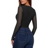 image:imageMANGOPOP Womens Mesh Long Sleeve Bodysuit Square Neck Ruched TopBlack