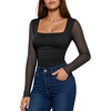 image:imageMANGOPOP Womens Mesh Long Sleeve Bodysuit Square Neck Ruched TopBlack