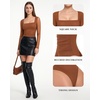 image:imageMANGOPOP Womens Mesh Long Sleeve Bodysuit Square Neck Ruched TopCoffee