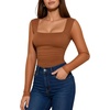 image:imageMANGOPOP Womens Mesh Long Sleeve Bodysuit Square Neck Ruched TopCoffee