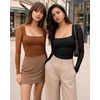 image:imageMANGOPOP Womens Mesh Long Sleeve Bodysuit Square Neck Ruched TopCoffee