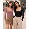 image:imageMANGOPOP Womens Mesh Long Sleeve Bodysuit Square Neck Ruched TopMarsala