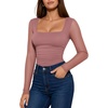 image:imageMANGOPOP Womens Mesh Long Sleeve Bodysuit Square Neck Ruched TopMarsala