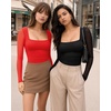 image:imageMANGOPOP Womens Mesh Long Sleeve Bodysuit Square Neck Ruched TopRed