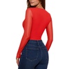 image:imageMANGOPOP Womens Mesh Long Sleeve Bodysuit Square Neck Ruched TopRed