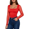 image:imageMANGOPOP Womens Mesh Long Sleeve Bodysuit Square Neck Ruched TopRed