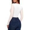 image:imageMANGOPOP Womens Mesh Long Sleeve Bodysuit Square Neck Ruched TopWhite