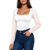 image:imageMANGOPOP Womens Mesh Long Sleeve Bodysuit Square Neck Ruched TopWhite