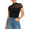 image:imageMANGOPOP Womens Mock Turtle Neck Bodysuit Mesh Sheer Long Short Sleeve Top01short Sleeve Black