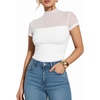 image:imageMANGOPOP Womens Mock Turtle Neck Bodysuit Mesh Sheer Long Short Sleeve Top01short Sleeve White