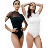 image:imageMANGOPOP Womens Mock Turtle Neck Bodysuit Mesh Sheer Long Short Sleeve Top01short Sleeve White