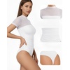 image:imageMANGOPOP Womens Mock Turtle Neck Bodysuit Mesh Sheer Long Short Sleeve Top01short Sleeve White