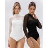 image:imageMANGOPOP Womens Mock Turtle Neck Bodysuit Mesh Sheer Long Short Sleeve Top02long Sleeve Black