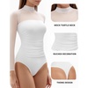 image:imageMANGOPOP Womens Mock Turtle Neck Bodysuit Mesh Sheer Long Short Sleeve Top02long Sleeve White